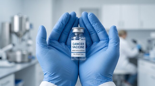 Scientist holding a cancer vaccine vial in a laboratory for medical research and development