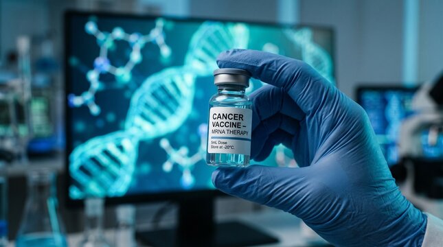 Scientist holding a cancer vaccine vial in a laboratory with DNA strand on computer screen