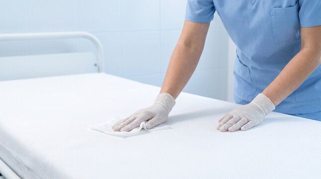 Sterilization and infection control, woman cleaning mattress
