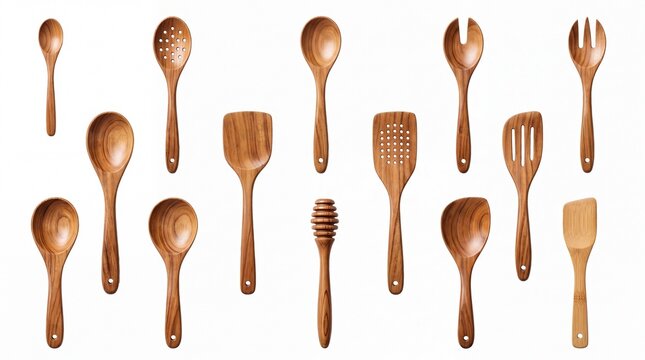 Assorted wooden kitchen utensils including spoons spatulas and forks arranged in a neat professional kitchenware set on white background