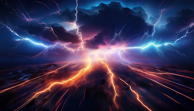lightning rays electrical energy charge thunder in dark night sky