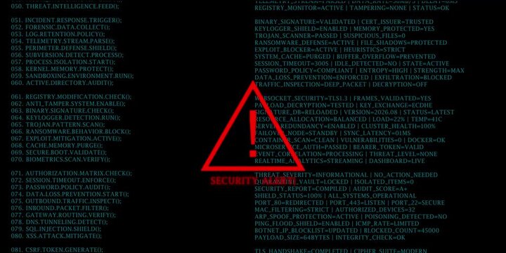 Cyber Security Warning Alert Animation with Red Triangle on Digital Code Background