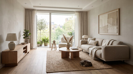 Fototapeta premium Modern minimalist living room interior with neutral tones and natural light.