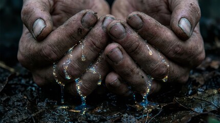 Fototapeta premium Hands Holding Water Drops in Nature Water Nature Environment Drops Dirt Earth Outdoors. Concept featuring water, nature, environment, drops, dirt for professional commercial design.