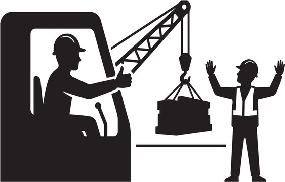 Industrial silhouette of a crane operator giving thumbs-up and ground worker using hand signals while lifting cargo. Ideal for safety and teamwork graphics.