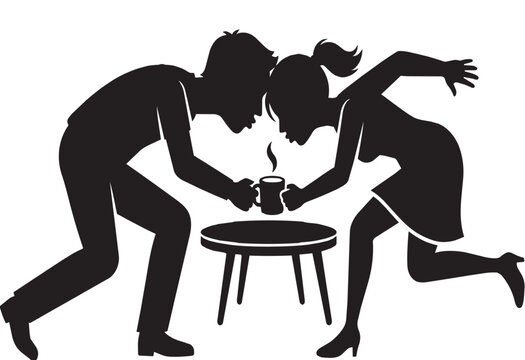 A black and white vector pictogram of a man and a woman head-butting and struggling over a single hot coffee mug at a small table. Great for humorous, relationship stress, or struggle concepts.