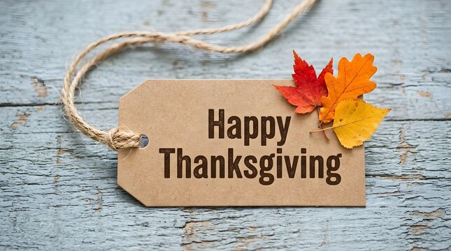 A beautiful thanksgiving greeting card with autumn leaves twine and a rustic wooden background celebrating gratitude and family