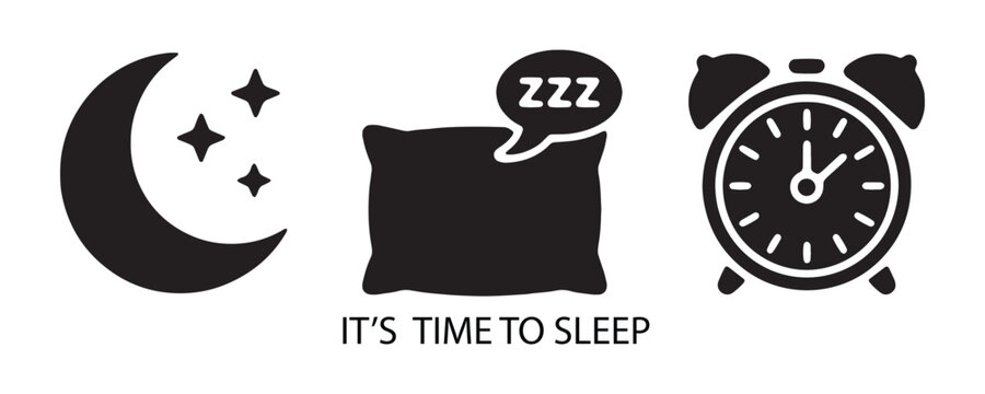 Its time to sleep night icons with crescent moon shining stars pillow and retro bell alarm clock.