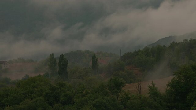 hick fog and low clouds over green forests in Monte Perdido National Park, Spain