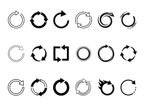 Circular arrow icons set, black recycle and refresh symbols, 18 vector rotation signs for interface design and loading progress