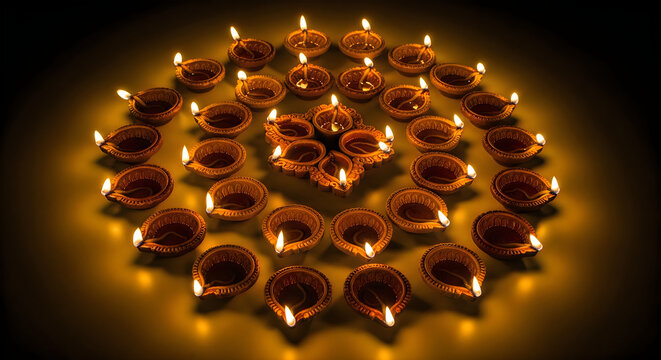 Beautiful glowing clay oil lamps arranged in a circular pattern for diwali festival celebration
