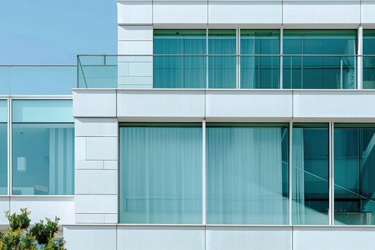 White office building facade with glass windows and metal panels