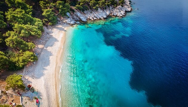 aerial view of secluded pebble beach with turquoise water in thassos greece