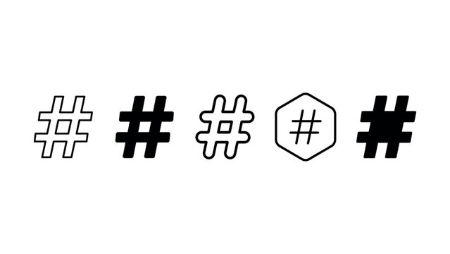 Set of diverse hashtag symbols in various graphic styles and shapes