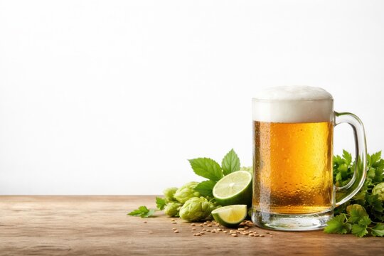 A frosty mug of golden beer with foam sits on a wooden surface next to hops, lime halves, and scattered barley grains against a white background.
