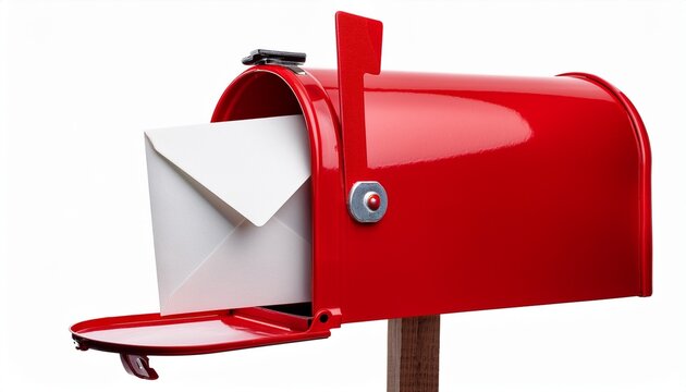 red mailbox with white envelope inside isolated on a white background
