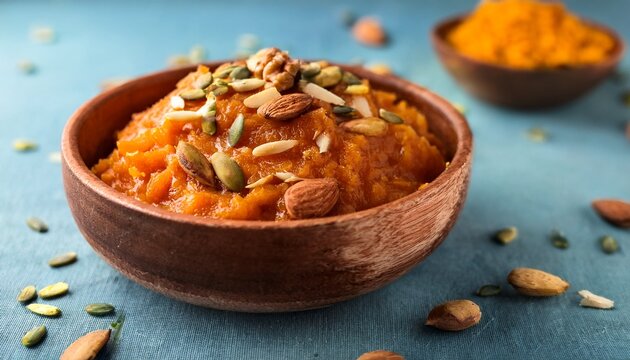 close up of gajar ka halwa in a wooden bowl topped with nuts and seeds