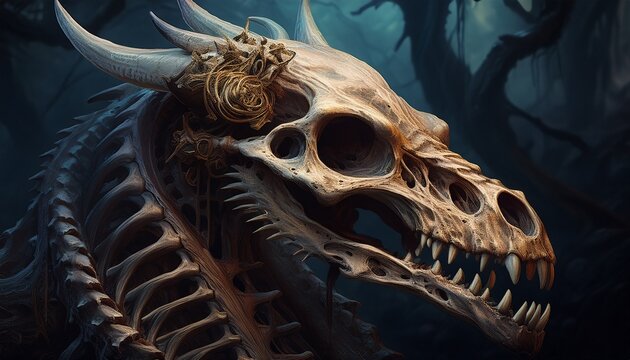 creepy antique animal skeleton bones and dragon skull