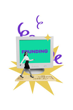 Vertical photo collage of serious businesswoman walk pc monitor keypad work founding plan development isolated on painted background