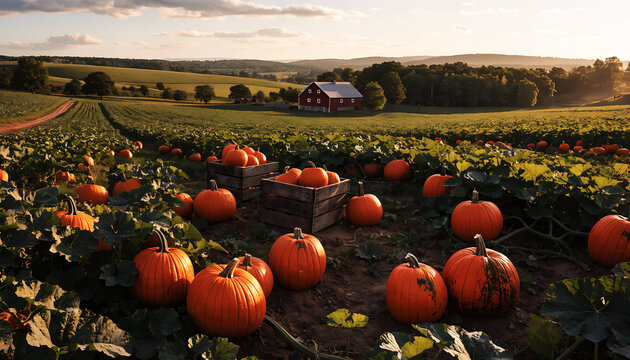 Scenic pumpkin patch field with ripe pumpkins and red barn at sunset background