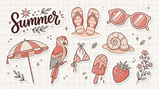 Pastel summer vacation elements collection featuring tropical parrot and beach accessories in hand drawn sketch style vector graphics