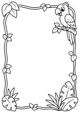 Parrot border frame featuring tropical jungle vines and leaves for children coloring book activity pages