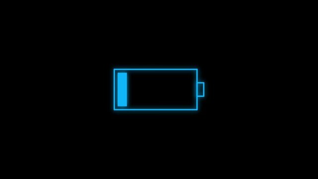 Neon battery charging animation loop, digital power level indicator energy status symbol for technology and ui
