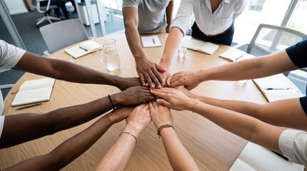Obraz premium Diverse team gathers hands in the center over a meeting table, symbolizing unity, collaboration, and teamwork in a professional office setting.