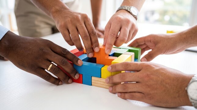 Four diverse hands collaboratively assembling colorful wooden puzzle blocks on a white table.
