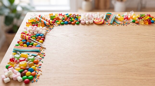 Colorful assorted candy border on wooden table with copy space