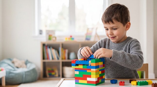 Young boy building a tower with colorful plastic blocks at home