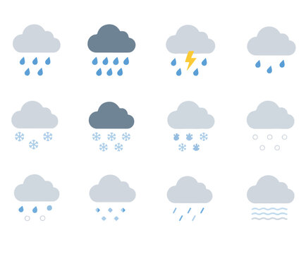 Set of flat precipitation weather icons featuring rain, heavy rain, thunderstorm, drizzle, snow, sleet, hail, ice pellets, freezing rain, and rain showers for weather forecast app UI design.
