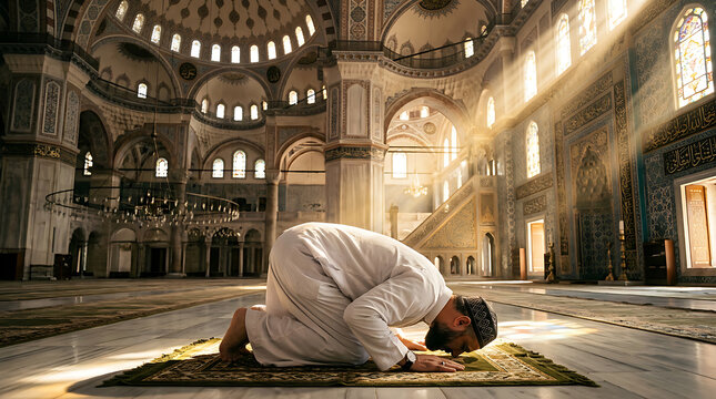 Man Praying in a Grand Mosque Interior.