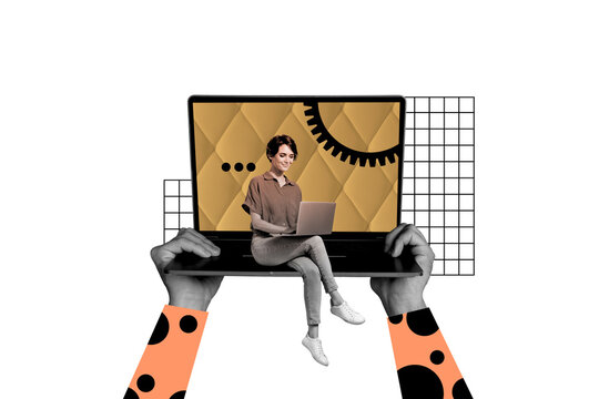 Composite photo collage of hands hold big netbook freelancer girl type laptop device gearwheel optimization isolated on painted background