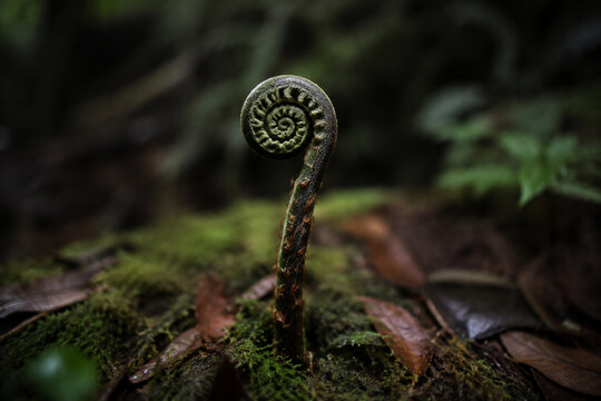 Involute fern fiddlehead in forest moss, growth and nature renewal concept