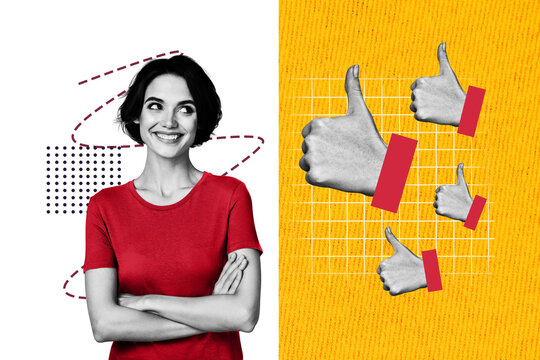 Creative collage image young cheerful pretty smiling woman thumb up approval accept feedback reaction okay drawing background