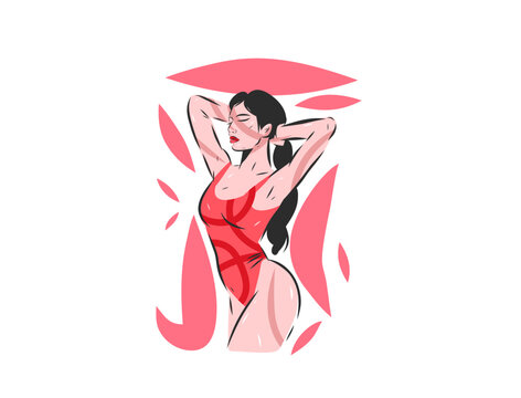 Elegant Confident Woman in Red Swimsuit Posing with Hands Behind Head, Feminine Beauty, Body Confidence, Self Love, Fashion, Wellness and Female Empowerment Vector Illustration