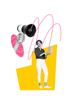 Vertical photo collage of businesswoman type laptop device boss hand control megaphone workload pressure isolated on painted background