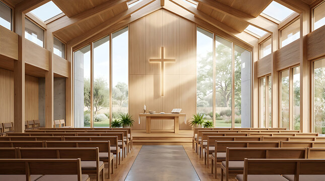 Modern wooden church interior with large cross and pews.