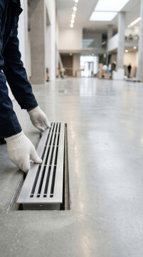 Technician installing metal floor air conditioning vent grate in modern building interior. Professional HVAC worker maintaining heating and cooling climate control ventilation system.