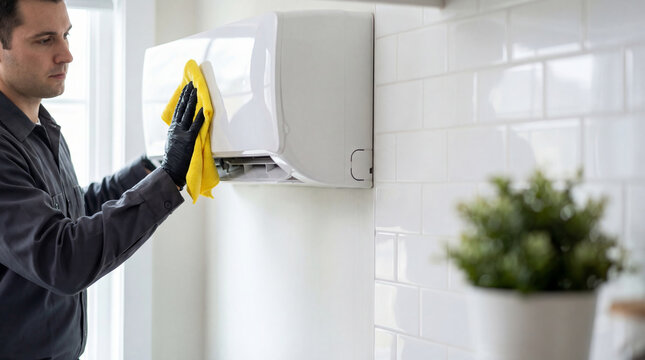 Man technician cleaning air conditioner unit with yellow cloth. Service maintenance guy wiping split system on white tile wall. Professional climate control equipment care concept.