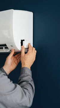 Technician installing wifi module into indoor air conditioner unit. Repairman setting up smart climate control system for apartment. Modern home automation and wireless connectivity equipment.