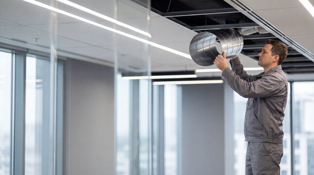 Technician installing ventilation duct pipe in modern office ceiling. HVAC system specialist working on professional air conditioning repair and maintenance service in commercial building.