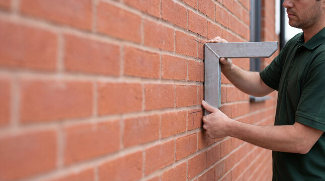 Technician uses a metal square tool to mark a brick wall for an air conditioner installation. Professional climate control equipment setup and home improvement service procedure.