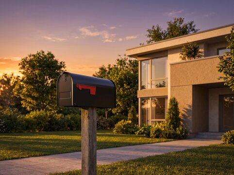 Black mailbox on a wooden post in front of a modern two-story suburban home at golden hour.