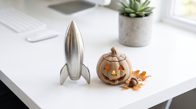 A sleek metallic rocket model sits next to a carved pumpkin decoration on a white desk, with a succulent plant and keyboard in the background.