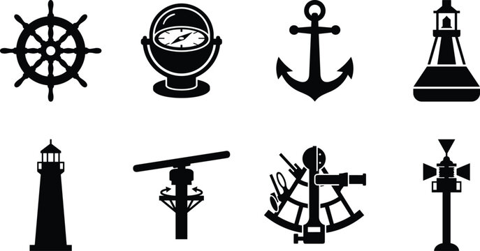 Collection of nautical navigation and seafaring silhouettes