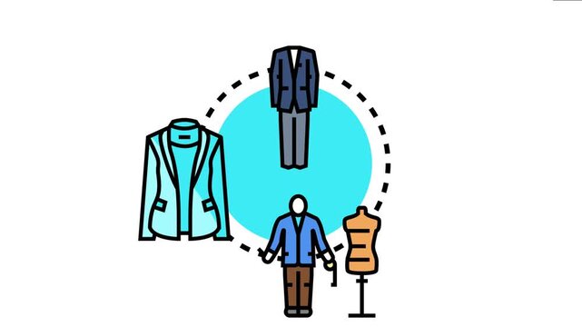 Business attire elements, including a suit, blazer, tailor measuring, and dressmaker mannequin, the professional dress code and bespoke clothing service concept