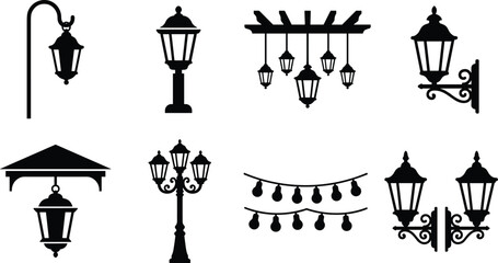 Naklejka premium Collection of outdoor lamp and lantern silhouettes