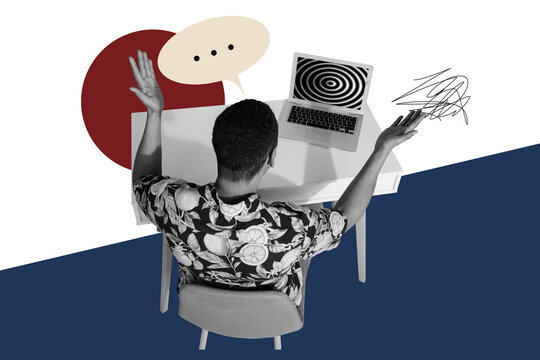  Composite photo collage of irritated american man bubble phrase laptop addition hypnosis brainwash fake isolated on painted background